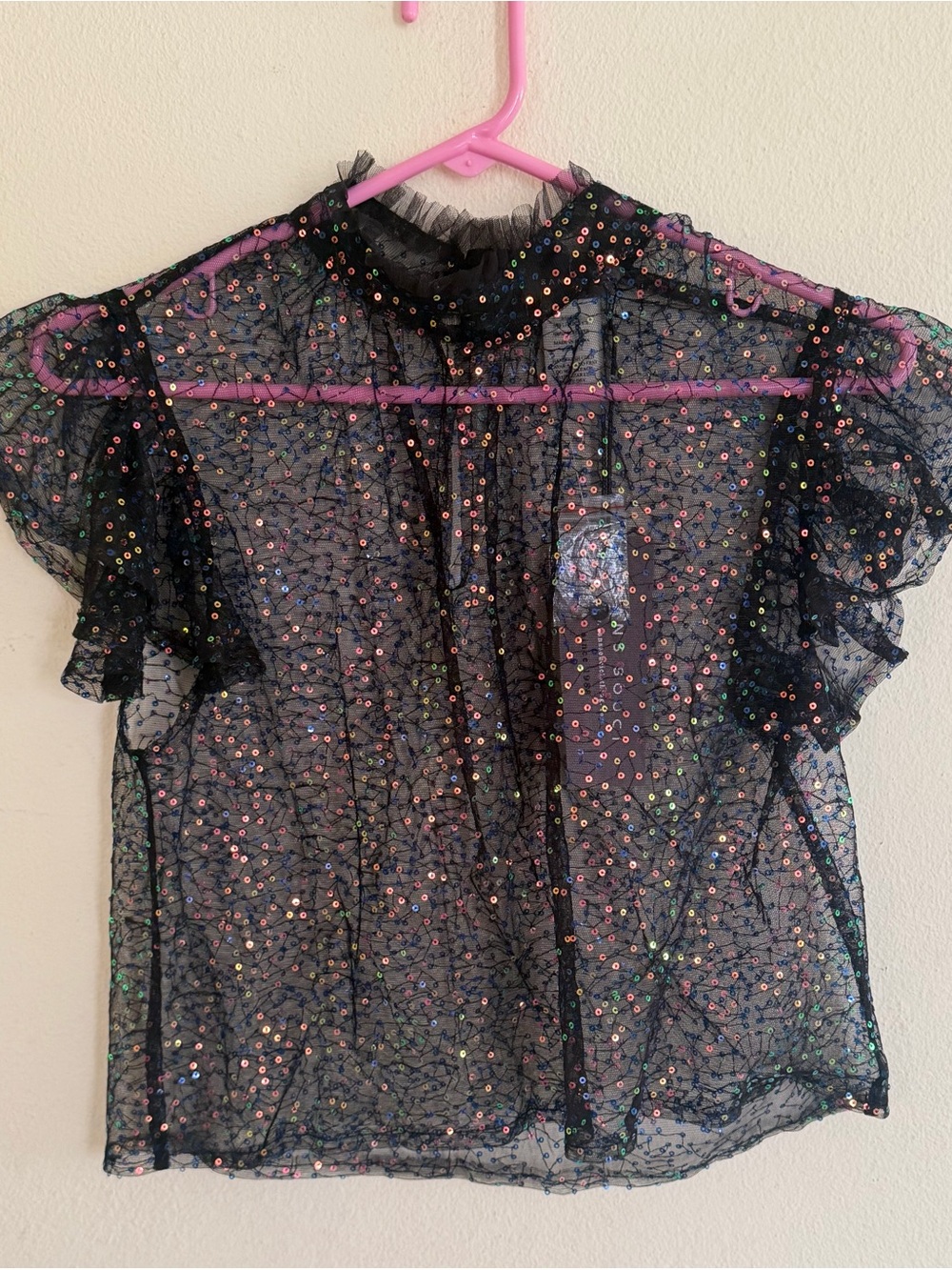 Sans Souci Black Sheer Sequin Ruffle Neck Blouse